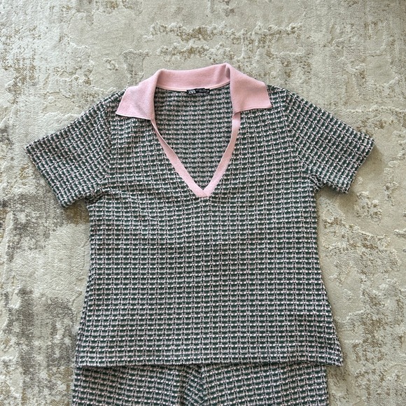 Zara Women's Jacquard Green Pink Colorway Polo Straight Leg Pant Set - Large - Picture 3 of 11